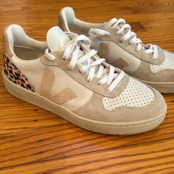 Veja Beige and White Athletic Shoes with Leopard Accent - Picture 1 of 7